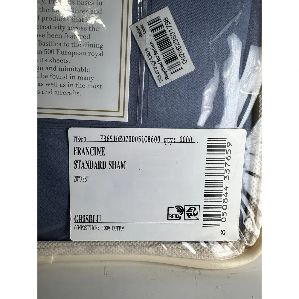 Frette Francine‎ Standard Sham GrisBlu Blue 20x28 Cotton Italy Luxury